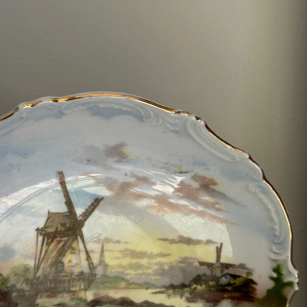 Leuchtenburg Germany Antique Windmill Dutch Landscape Scalloped Gilt Plate 10